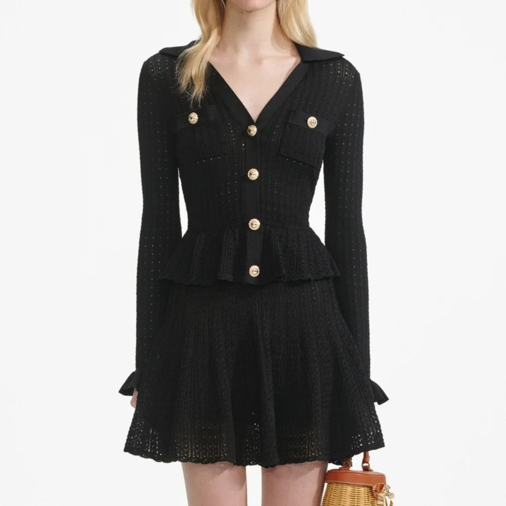 Self-portrait Black Pointelle V Neck Knit Mini Dress - Picture 4 of 9